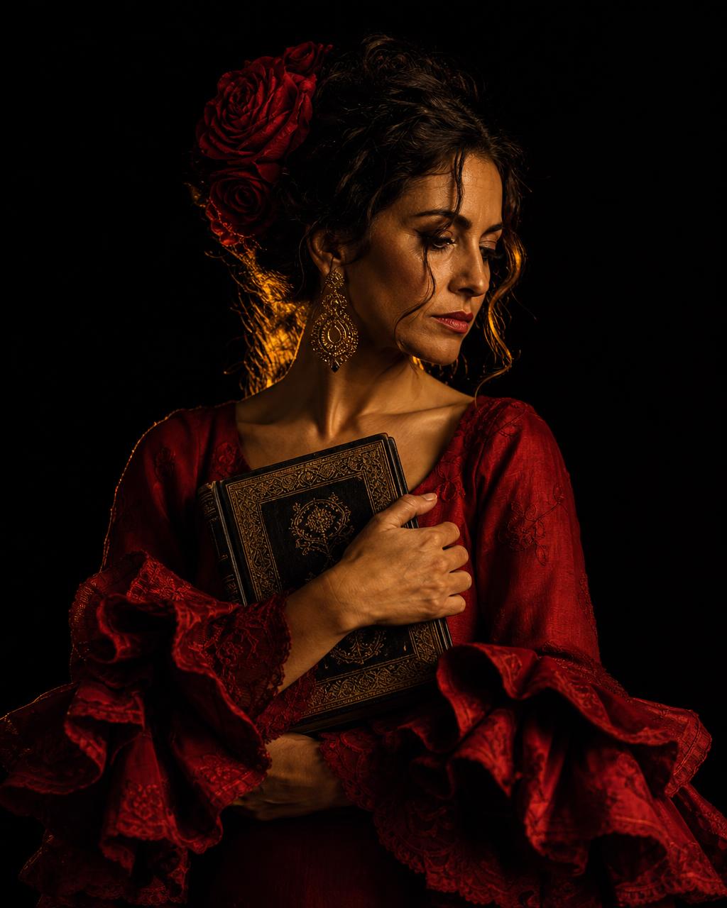 Vrouw in rode flamencojurk met een boek — symbolisch voor zien